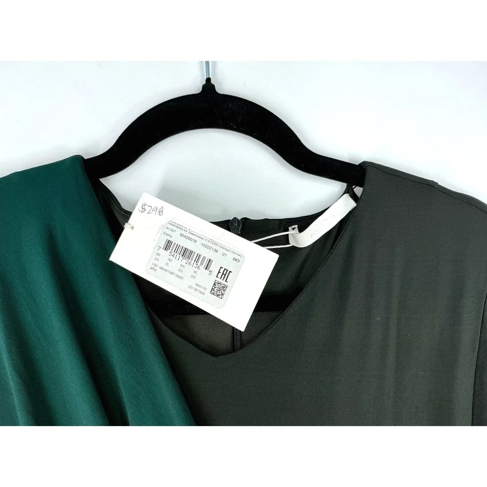 Hugo Boss Eretha Black Green Colorblock Dress Sz XL Ruched Long Sleeve Cocktail - Picture 11 of 14